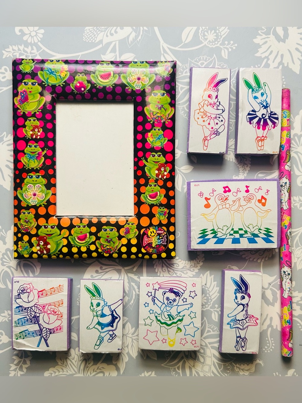 Lisa Frank 90’s vintage frog picture frame 7 rubber stamps bear bunny cat pencil